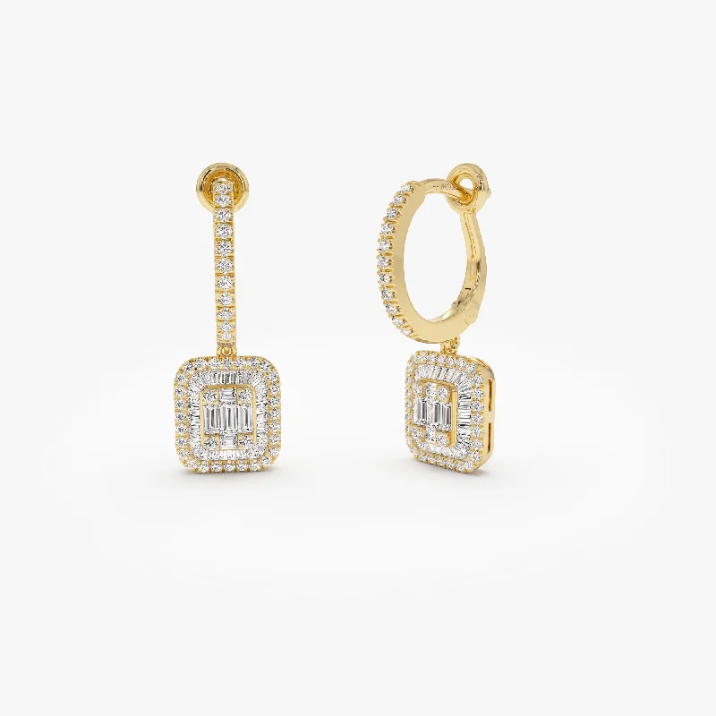 14k Illusion Setting Baguette Diamond Dangling Hoop Earrings