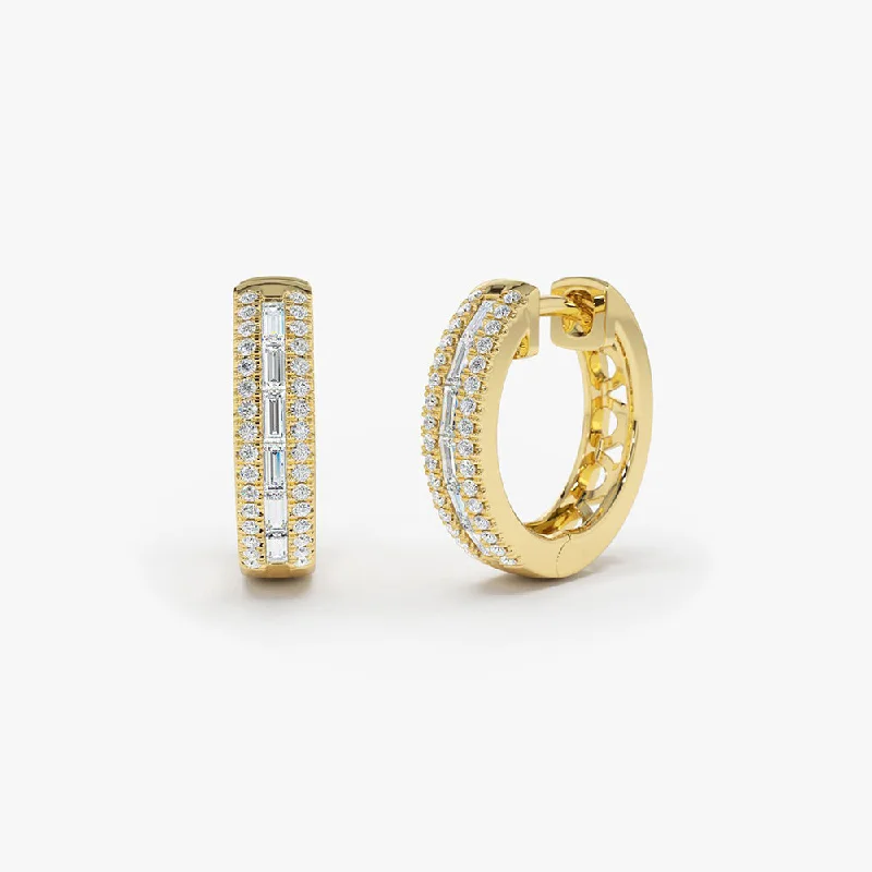 14K Pave Diamonds and Baguette Hoop Earrings