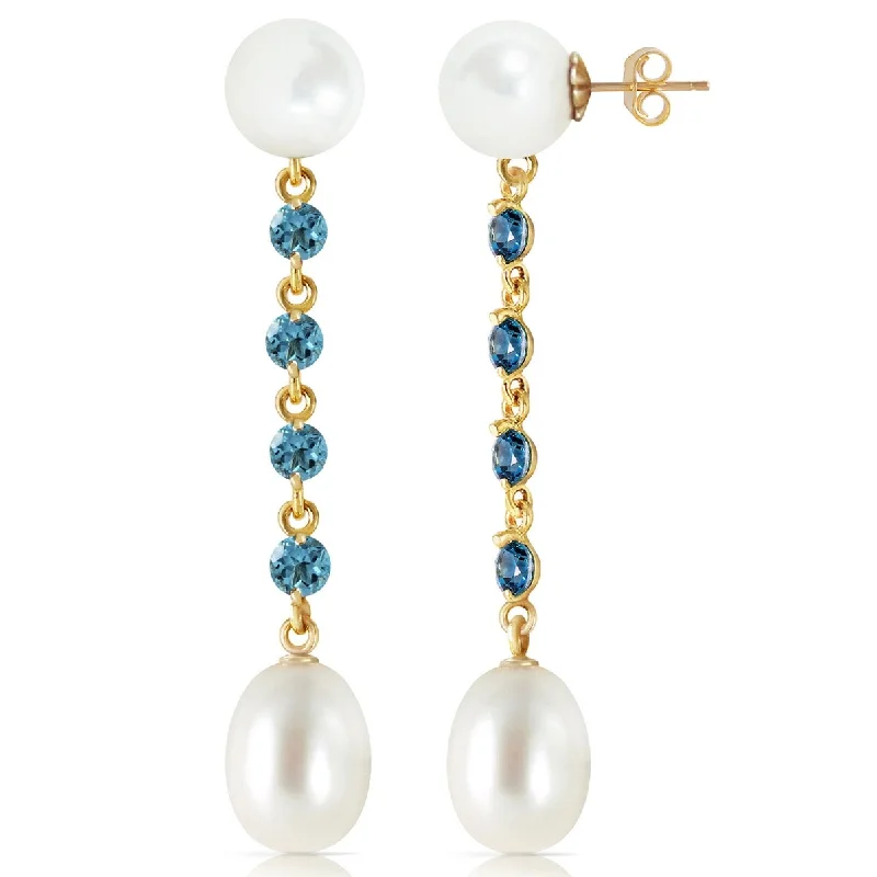 14K Solid Gold Chandelier Blue Topaz & Pearl Gemstone Earrings