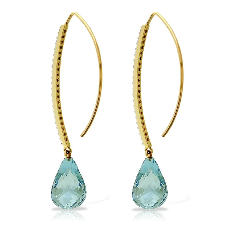 14K Solid Gold Diamonds Fish Hook Earrings with Dangling Briolette Blue Topaz