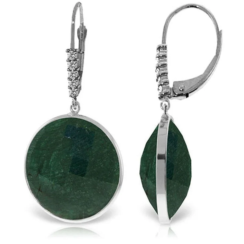 14K Solid Gold Diamonds Leverback Earrings w/ Emerald Color Corundum