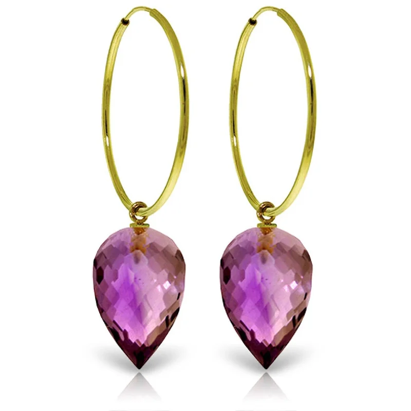 14K Solid Gold Hoop Earrings w/ Pointy Briolette Drop Amethysts