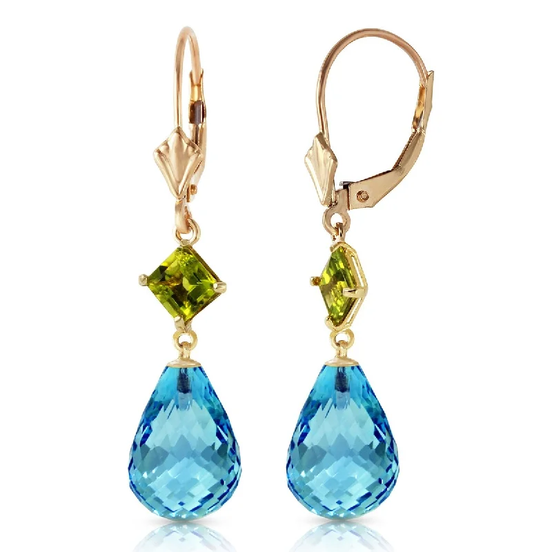 14K Solid Gold Leverback Earrings Peridot & Blue Topaz Gemstone