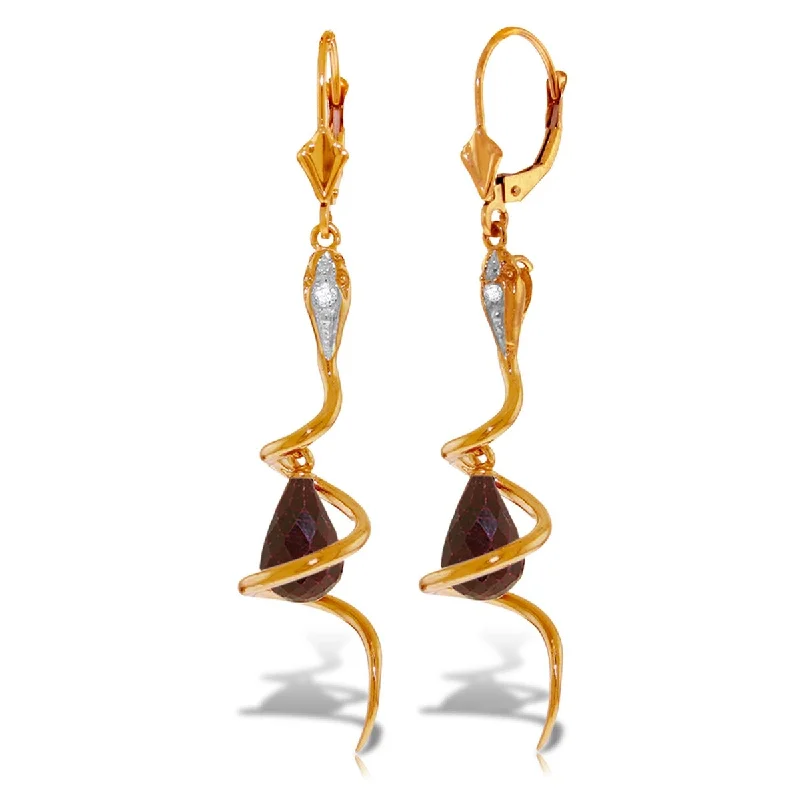 14K Solid Gold Snake Earrings w/ Briolette Dyed Rubies & Diamonds