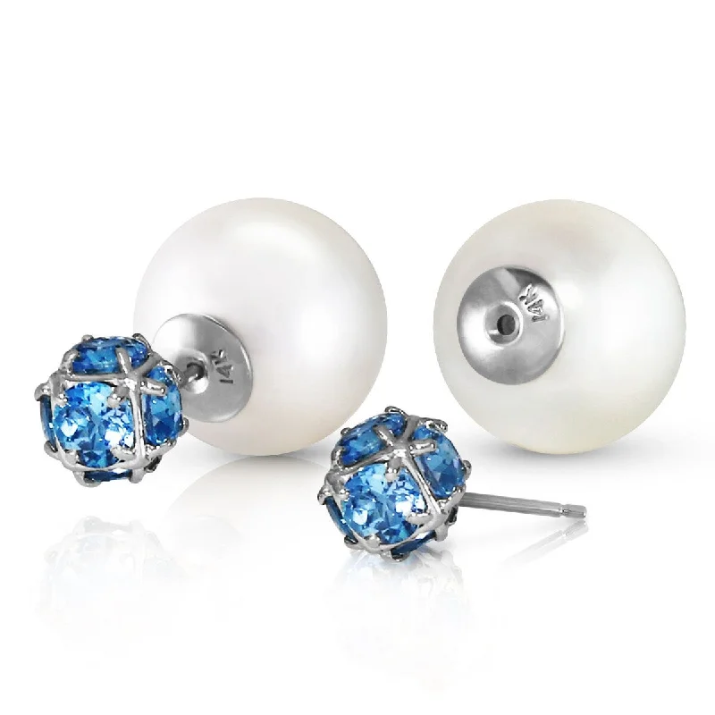 14K Solid Gold Tribal Double Shell Pearls And Blue Topaz Stud Earrings