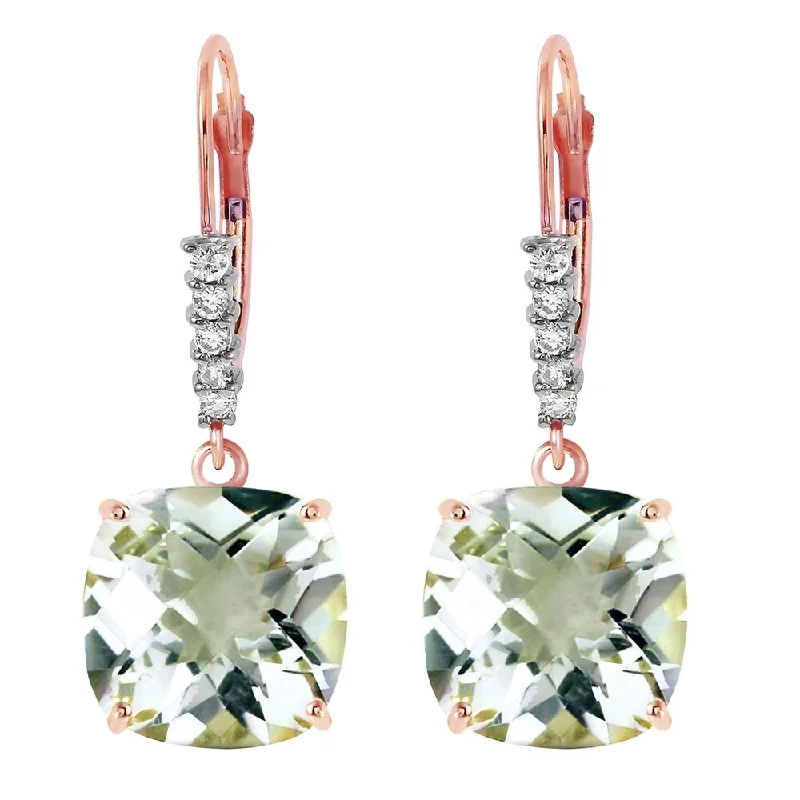 14K Solid Rose Gold Leverback Earrings Diamond & Green Amethyst