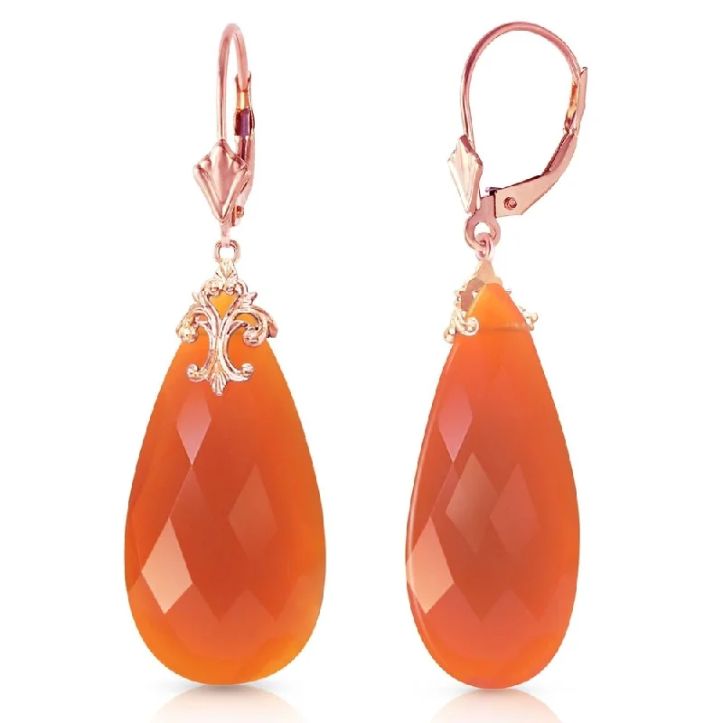 14K Solid Rose Gold Leverback Earrings with Briolette 31x16 mm Reddish Orange Chalcedony