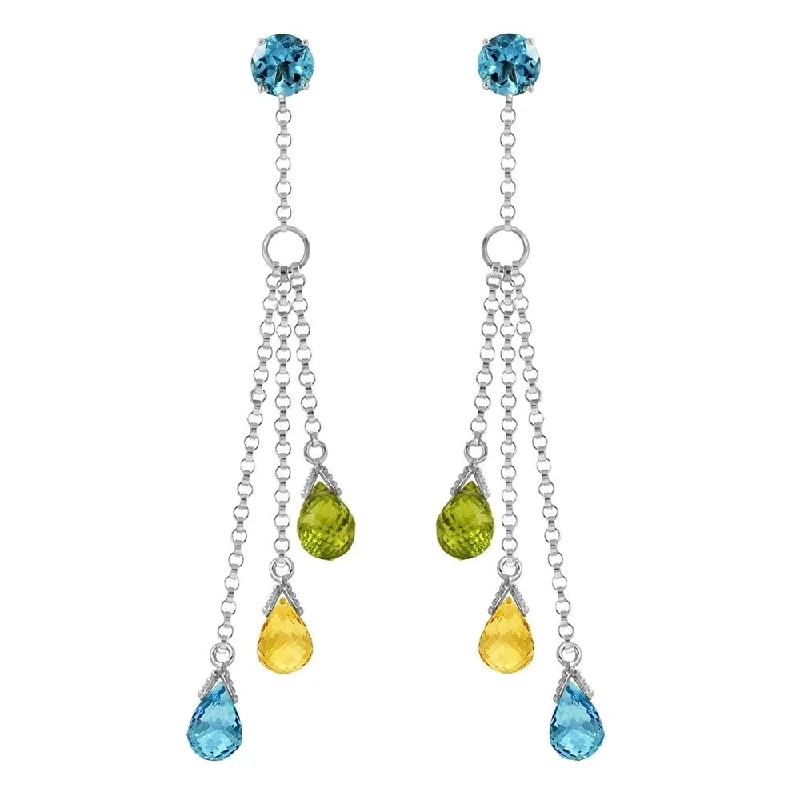 14K Solid White Gold Chandelier Earrings with Blue Topaz, Citrines & Peridots