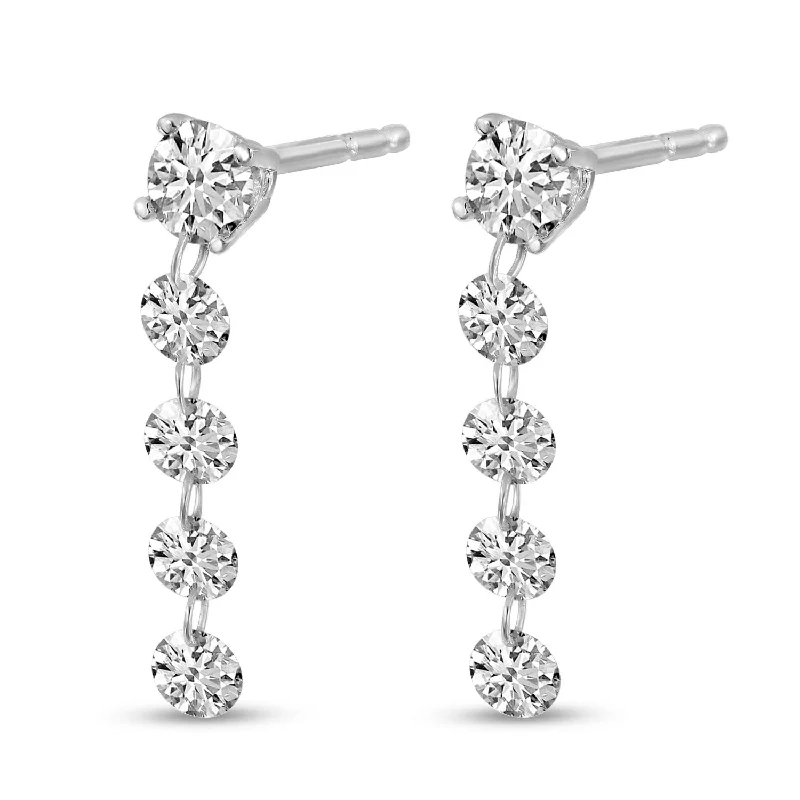 14K White Gold 0.94ctw Round Diamond Line Drop Earrings