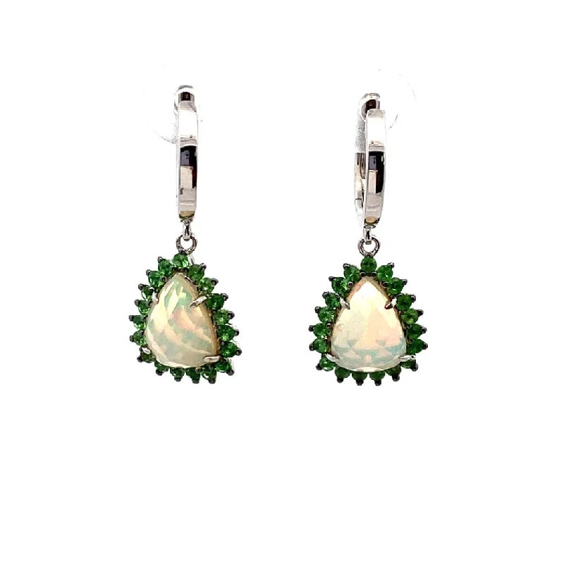 14K White Gold 1.90ctw Triangle Opal & Tsavorite Garnet Halo Drop Earrings by Bellarri