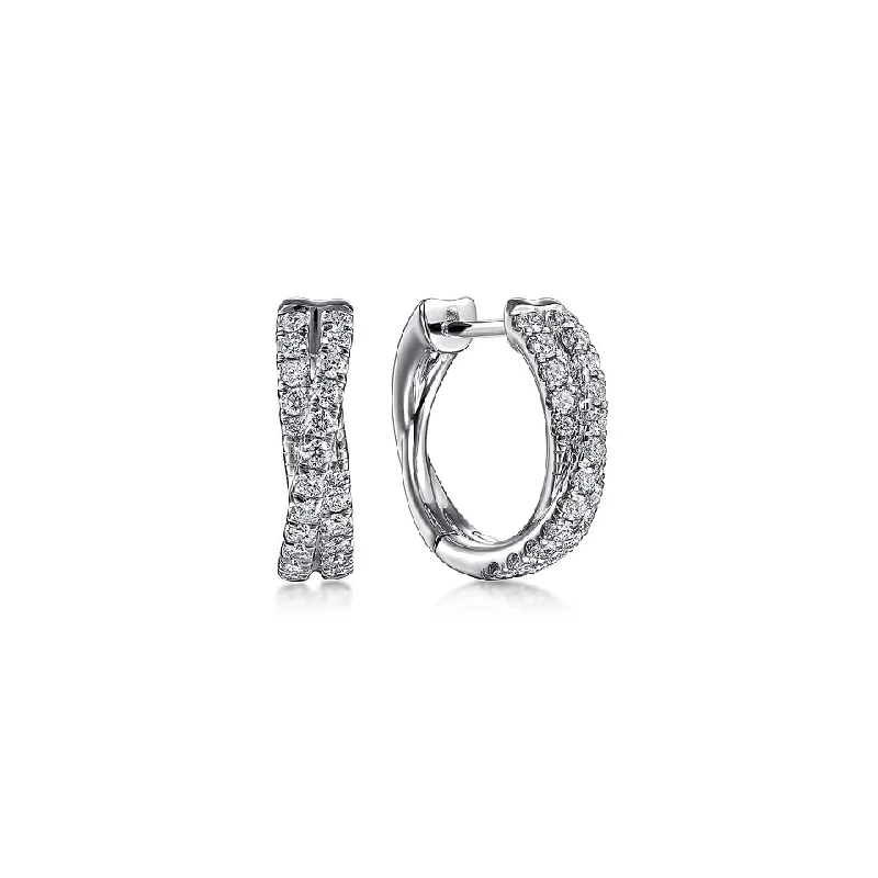 14K White Gold 15mm Diamond Criss Cross Huggie Earrings