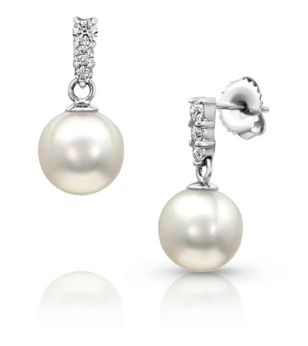 14K White Gold 7-7.5mm Akoya Pearl & Diamond Drop Earrings