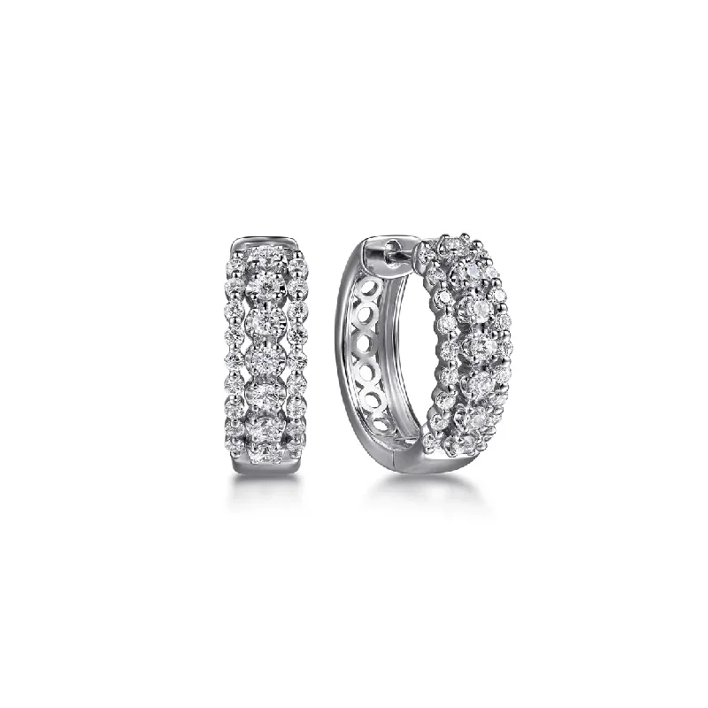 14K White Gold Multi Row Diamond Huggie Earrings