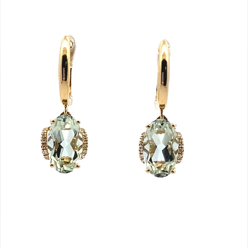 14K Yellow Gold 3.41ctw Oval Prasiolite & Diamond Drop Earrings