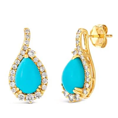 14K Yellow Gold 3.97ctw Pear Turquoise & Nude Diamond Halo Drop Earrings by Le Vian