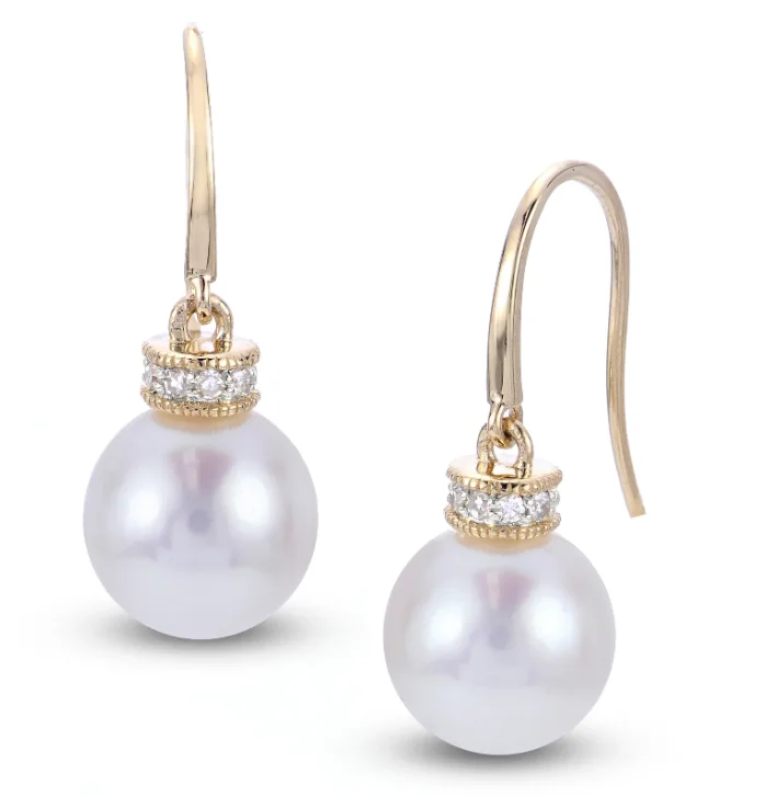 14K Yellow Gold 9-9.5mm Freshwater Pearl & Diamond Drop Earrings