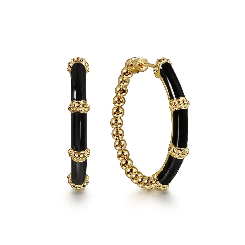 14K Yellow Gold Bujukan Beads Classic Hoop Earrings with Black Enamel