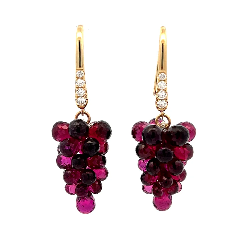 14K Yellow Gold Diamond & Rhodolite Garnet Grape Cluster Drop Earrings