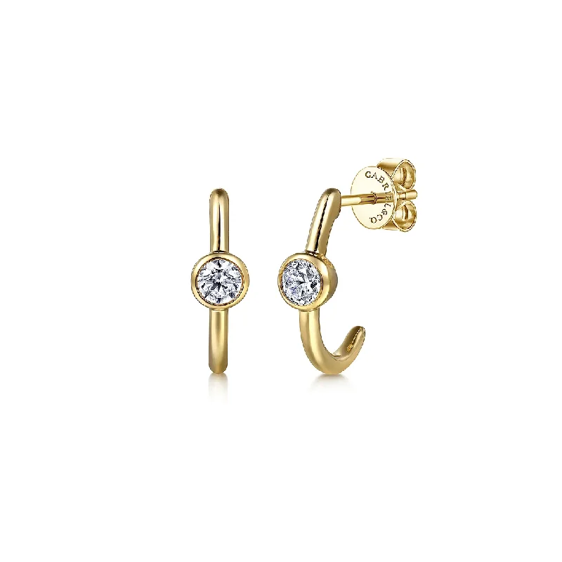 14K Yellow Gold White Sapphire J Hoop Earrings