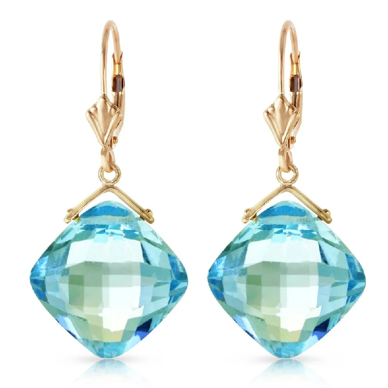 17.5 Carat 14K Solid Gold Leverback Earrings Checkerboard Cut Blue Topaz