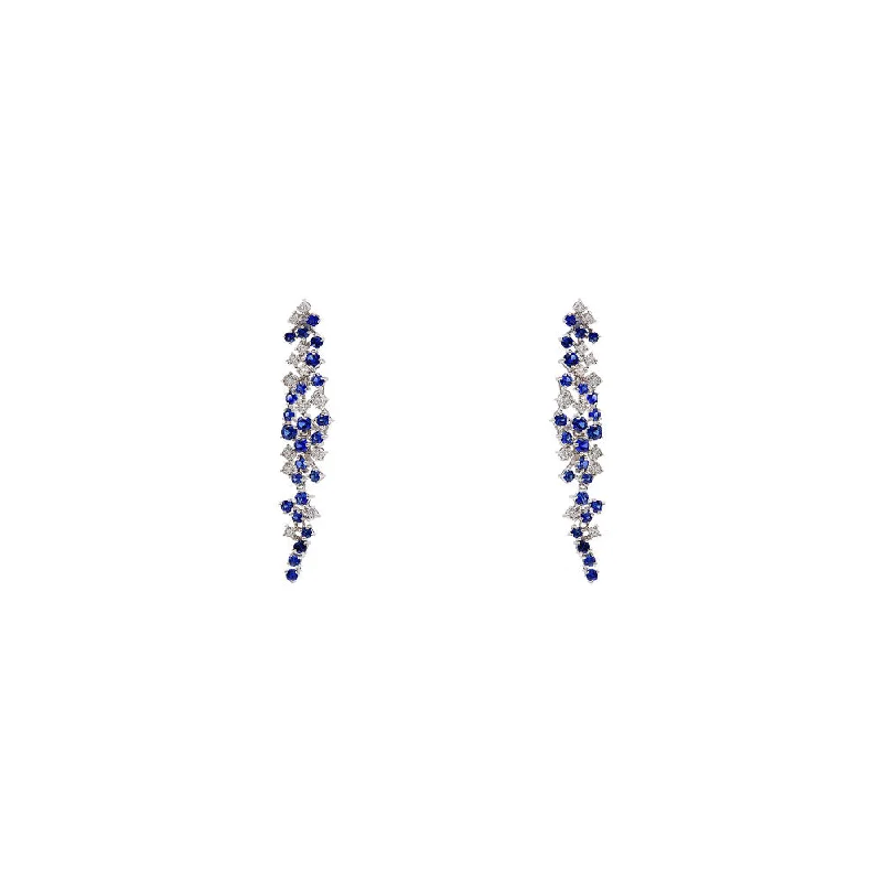 18 Karat White Gold Cluster Drop Earrings With Blue Sapphires And Diamonds