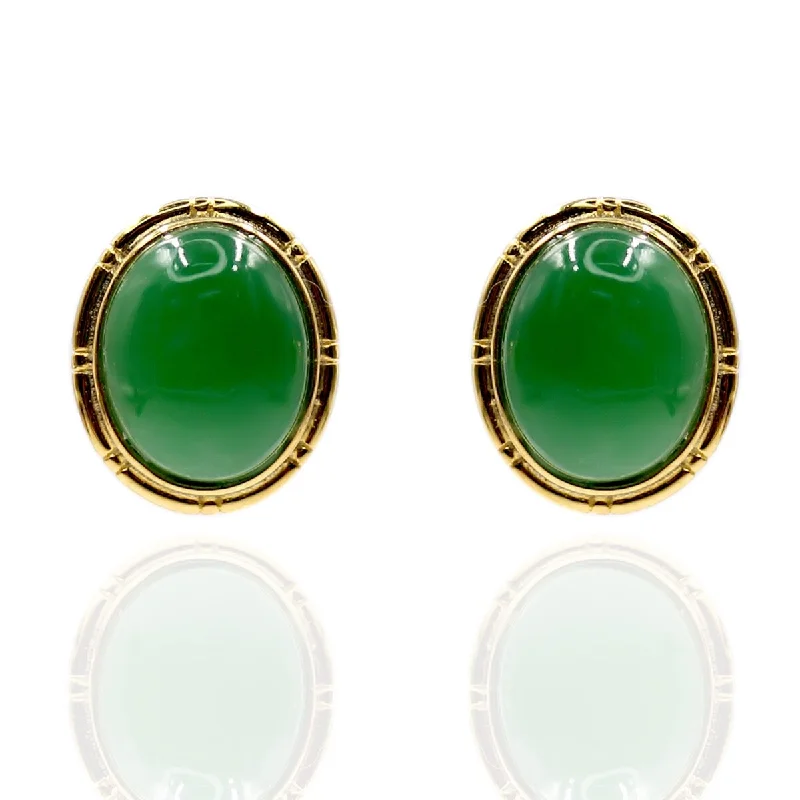 18k Yellow Gold Over Sterling Silver Dyed Green Jade Gemstone Stud Earrings