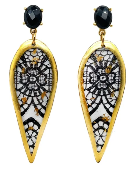 22K Gold Leaf Black Onyx Black Lace Drop Earrings by Evocateur