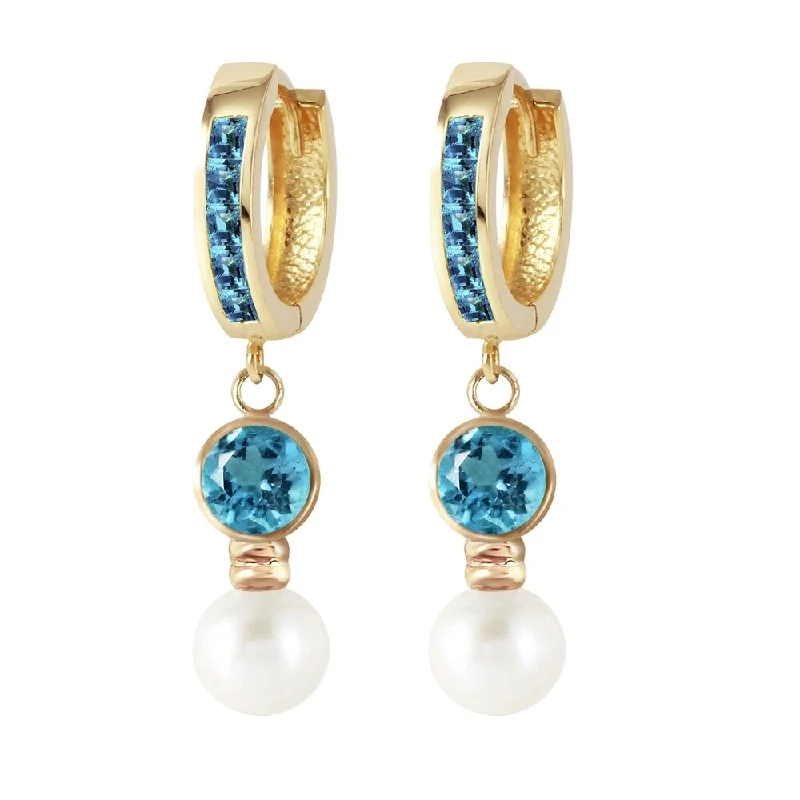 4.3 Carat 14K Solid Gold Huggie Earrings pearl Blue Topaz