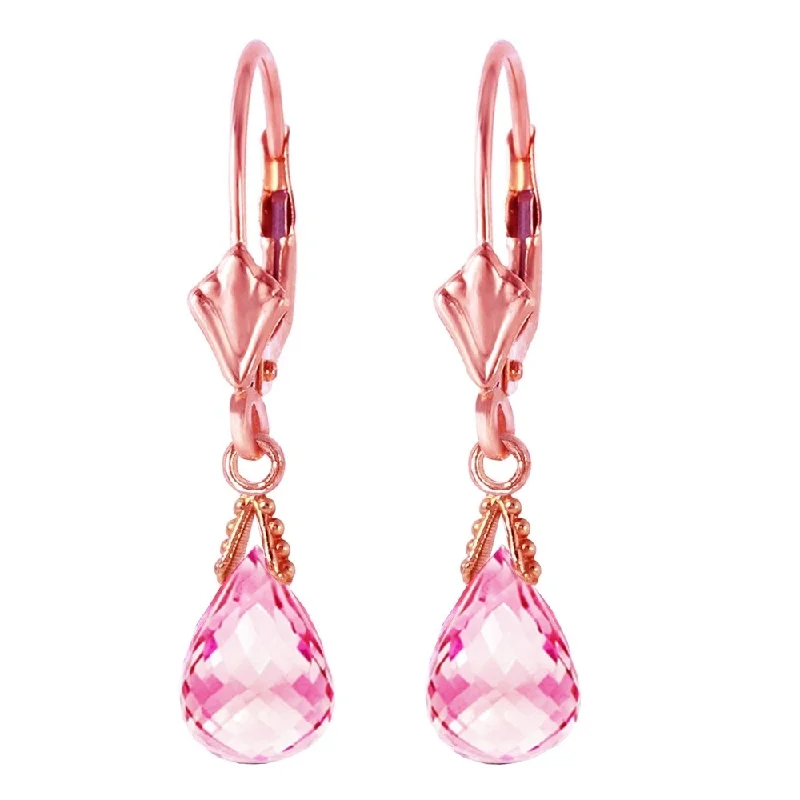 4.5 Carat 14K Solid Rose Gold Leverback Earrings Briolette Pink Topaz