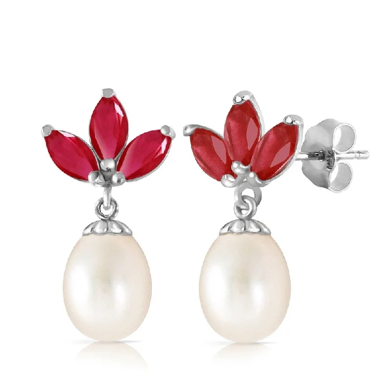 9.5 Carat 14K Solid White Gold Dangling Earrings pearl Ruby