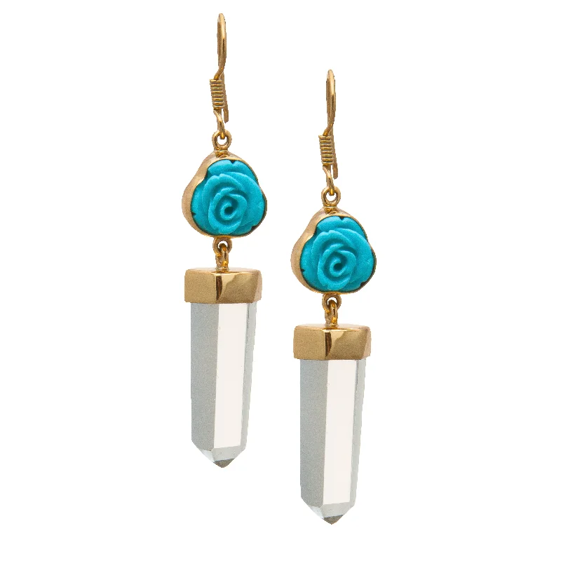 Alchemia Blue Rose and Clear Quartz Point Drop Earrings