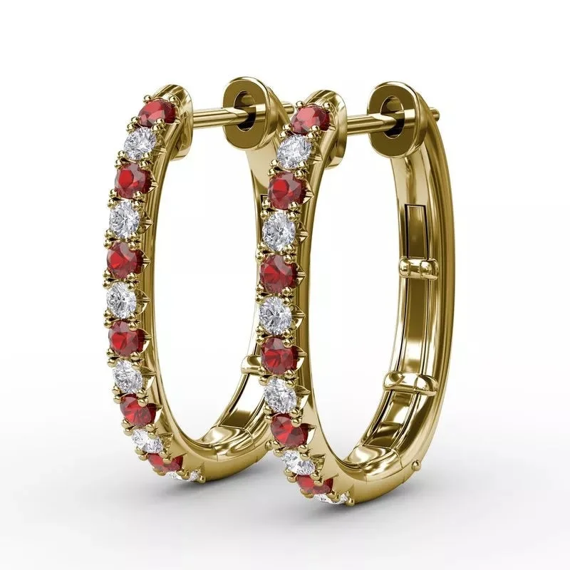 Alternating Ruby and Diamond Hoop Earrings