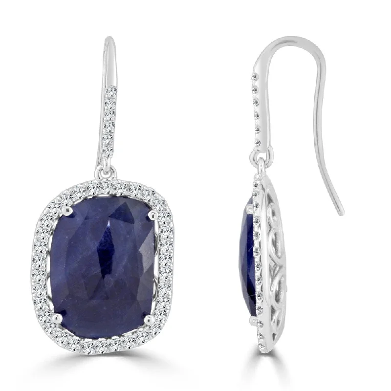 Auriya Fancy Shaped 15ct Blue Sapphire and 1 1/5ctw Halo Diamond Drop Earrings 14k White Gold