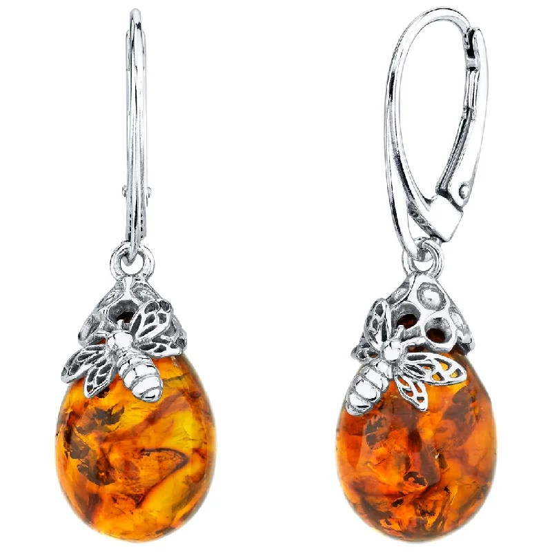 Baltic Amber Bee Drop Earrings in Sterling Silver