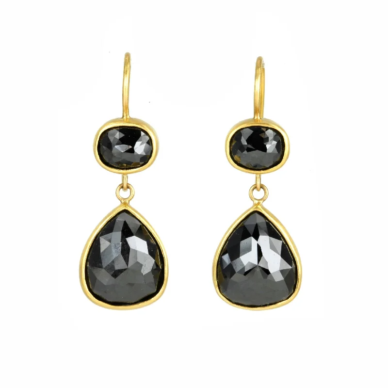 22K Gold Bezel-Set Rose Cut Black Diamond Double Drop Earrings