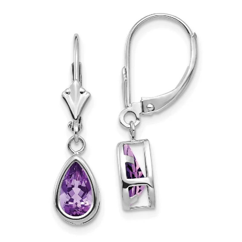 Curata 14k White Gold 8x5mm Pear Amethyst Leverback Earrings