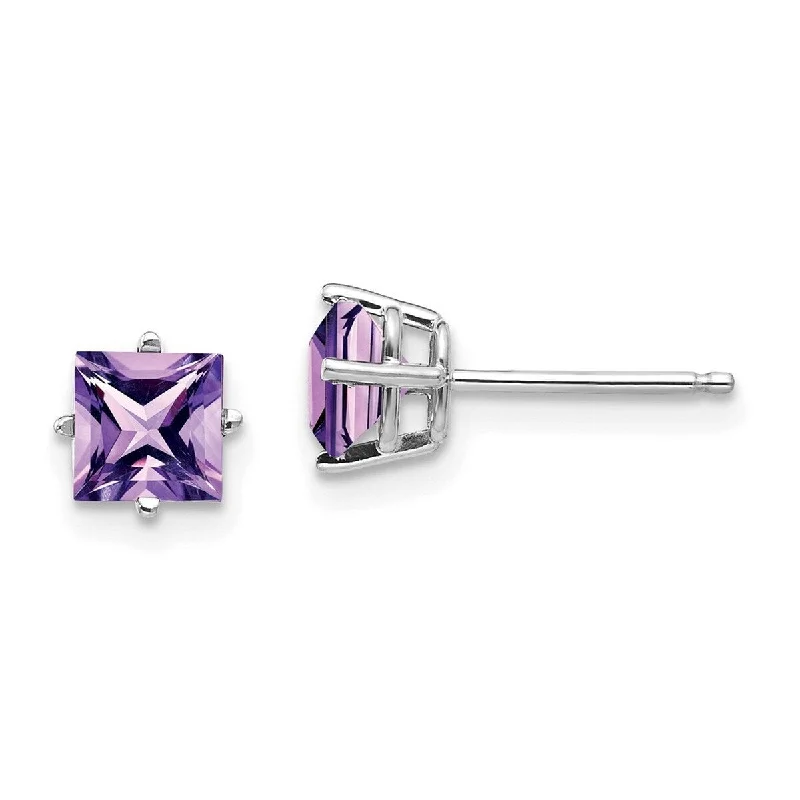 Curata 14k White Gold Polished Post 5mm Princess Cut Amethyst Earrings