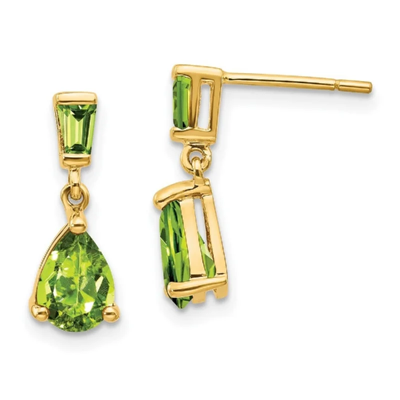 Curata 14k Yellow Gold Pear and Baguette Peridot Dangle Post Earrings (5x15mm)