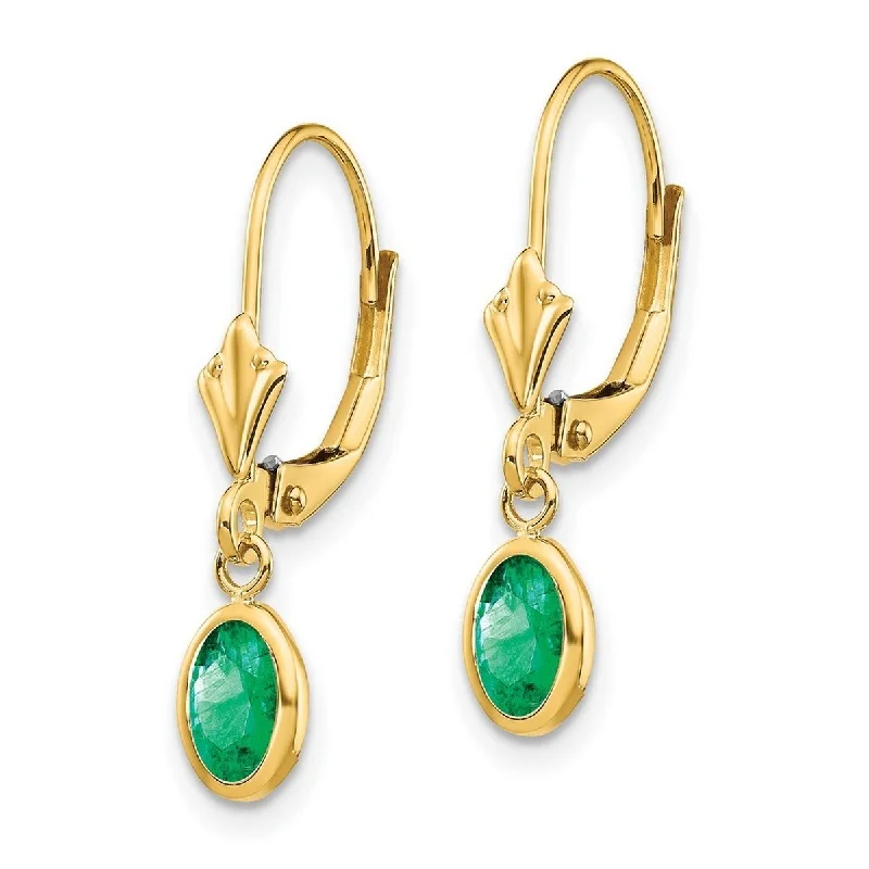 Curata 14k Yellow Gold Polished 6x4 Oval Bezel May Emerald Leverback Earrings 23x4mm