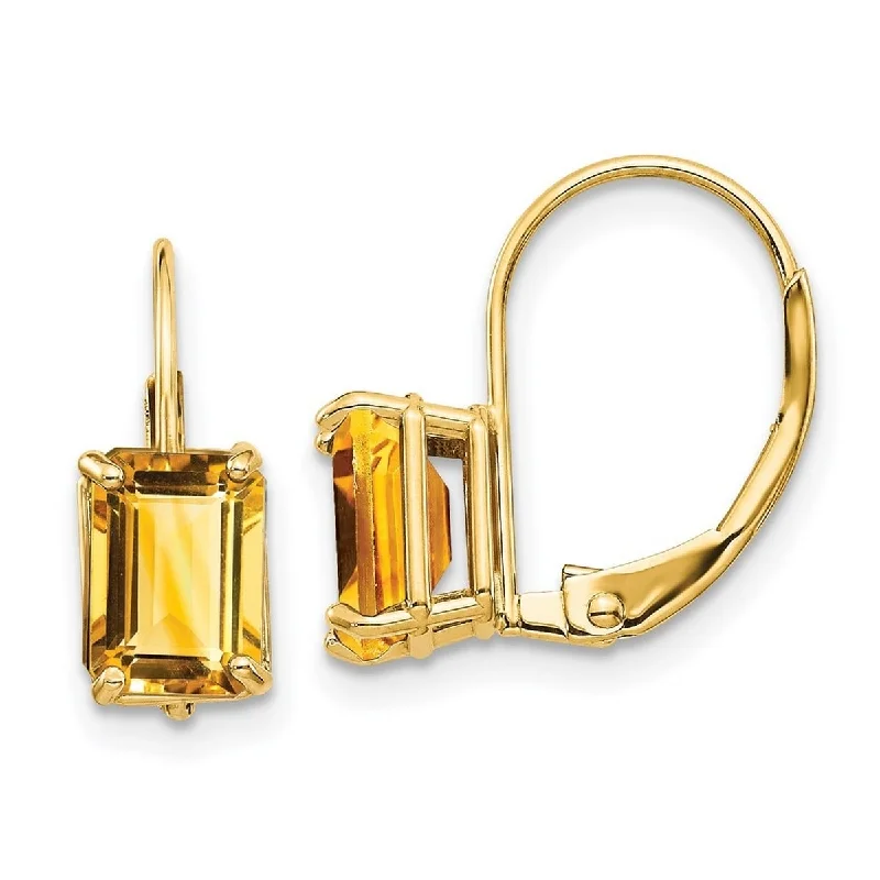 Curata 14k Yellow Gold Polished Leverback 7x5mm Emerald-Cut Citrine Earrings