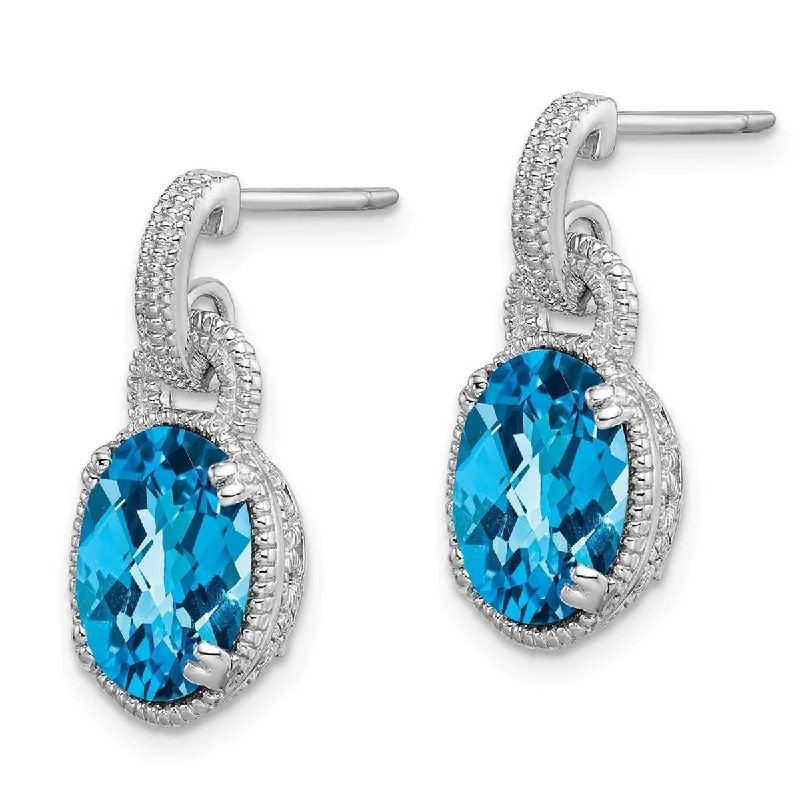 Curata 925 Sterling Silver Dangle Oval Blue Topaz Earrings 20x9mm