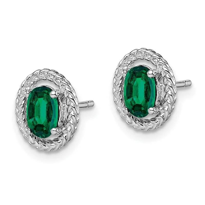 Curata 925 Sterling Silver Rhodium Plated Created Emerald Oval Post Earrings 9.6x7.85mm