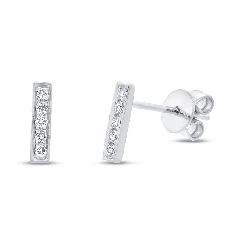 14K White Gold Pave Diamond Bar Studs