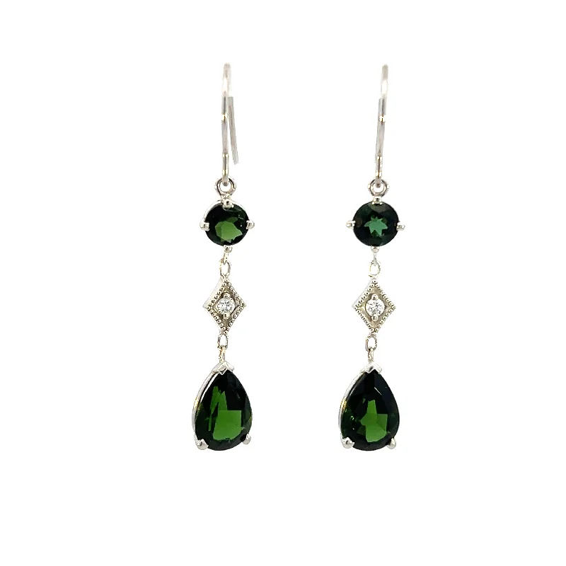 Estate 14K White Gold Green Tourmaline & Diamond Drop Earrings