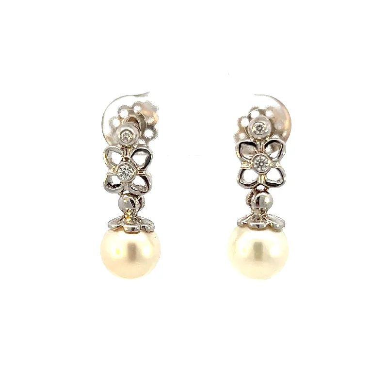 Estate 18K White Gold 8mm Cultured Pearl & Diamond Flower Drop Earrings