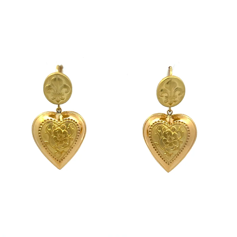 Estate 18K Yellow Gold Fleur-De-Lis Heart Drop Earrings