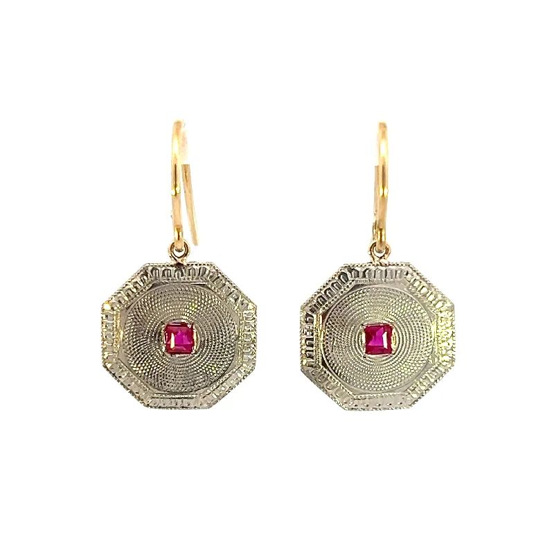 Estate Platinum & 14K Yellow Gold Ruby Art Deco Drop Earrings