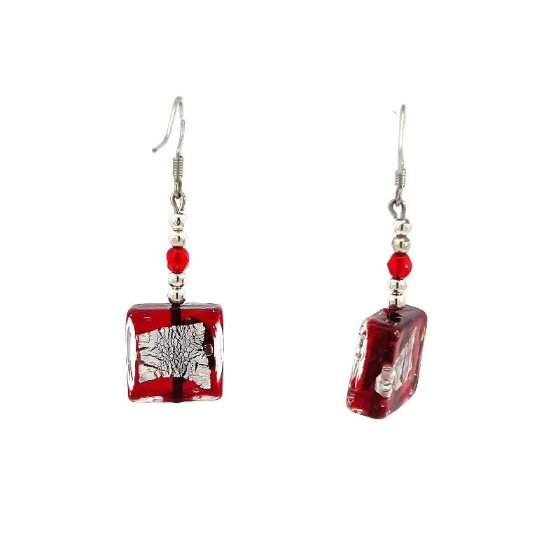 Estate Silver Wire Red and Silver Glass Drop Earrings