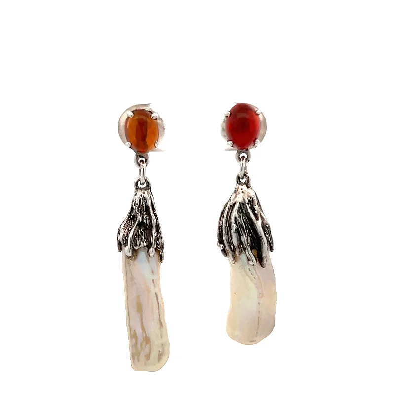 Estate Sterling Silver Amber & Pearl Drop Earrings