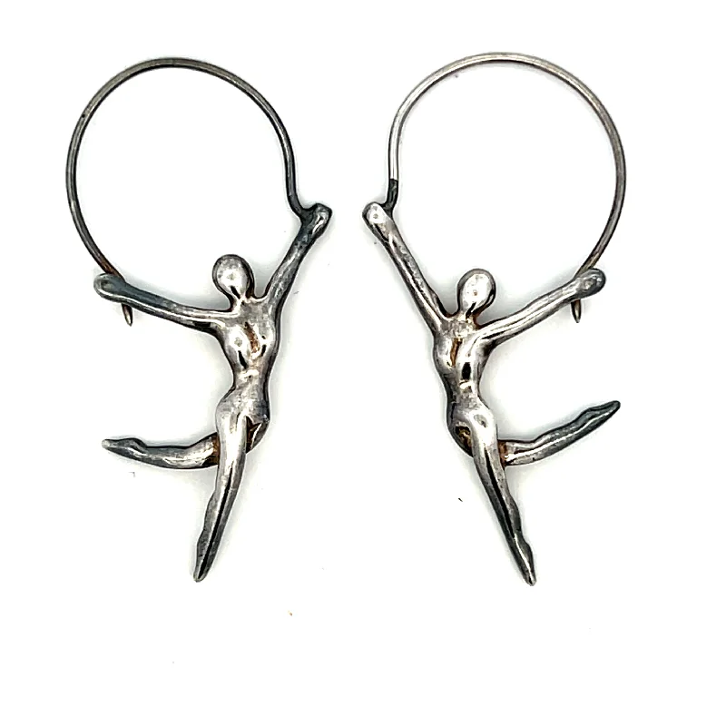 Estate Sterling Silver Eclectic Earth Dancing Form Drop Earrings